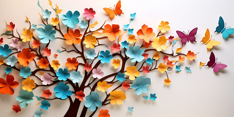 Butterfly tree on the white background, Colorful Tree, Decorative Tree Art, 3d abstract Colorful tree with leaves on hanging branches illustration background generative ai

