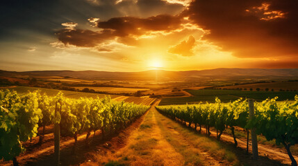 Naklejka premium Charming Vineyard Landscape Under a Golden Sunset, Enhanced with Warm and Earthy Tones to Evoke a Romantic and Idyllic Ambiance
