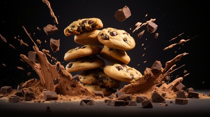 a pile of chocolate chip cookies falling into the air with a splash of chocolate 