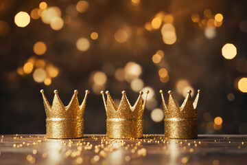 Happy Epiphany day. Three royal crowns on golden bokeh background - obrazy, fototapety, plakaty