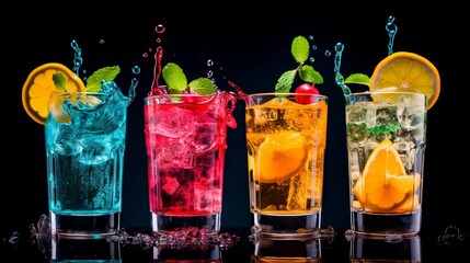 a series of three shots of different drinks with splashes of water and fruit on the side of the...
