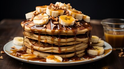 a stack of pancakes with bananas and peanut butter drizzled on top