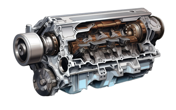 Crank case Model in Silver Color on a Clear Surface or PNG Transparent Background.