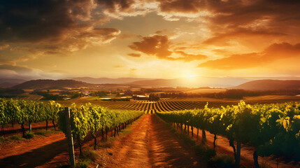 Fototapeta na wymiar Charming Vineyard Landscape Under a Golden Sunset, Enhanced with Warm and Earthy Tones to Evoke a Romantic and Idyllic Ambiance