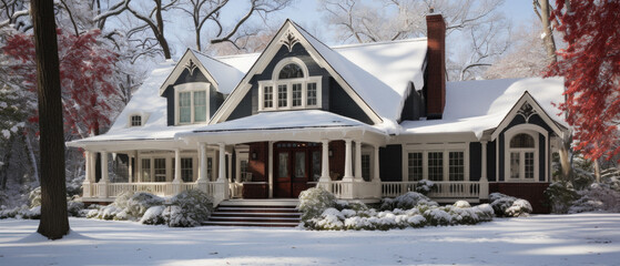 Beautiful old wooden house in the park during winter season with snow. - obrazy, fototapety, plakaty