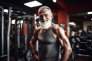 Fitness man at workout. Elderly pensioner old man smiling in gym. 60-70 Year Old Bodybuilder. Funny old grandfather in gym. Pensioner with smile lifts weight in sports club. Muscular bodybuilder gym - obrazy, fototapety, plakaty