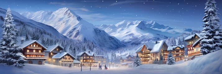 Picturesque Alpine Village  A Serene Winter Wonderland - obrazy, fototapety, plakaty