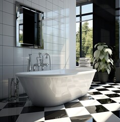Modern black and white bathroom in minimalist style, with a large bathtub, a window and a green...