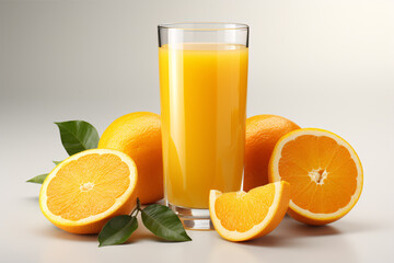 A glass of invigorating orange juice stands out on a pristine white background, accompanied by a bunch of oranges.