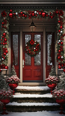 Fototapeta premium Of a front door decorated for Christmas with red ornaments.