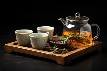 Fototapeta premium Hot Teapot And Teacups On wooden Mat. AI Generated