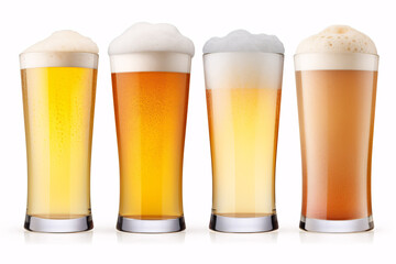 Four frosty varieties of beer set against a plain backdrop.