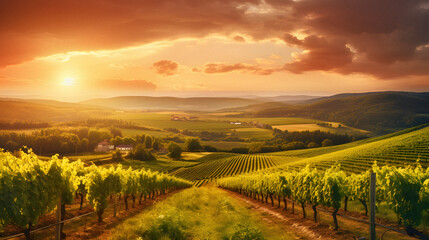 Naklejka premium Charming Vineyard Landscape Under a Golden Sunset, Enhanced with Warm and Earthy Tones to Evoke a Romantic and Idyllic Ambiance