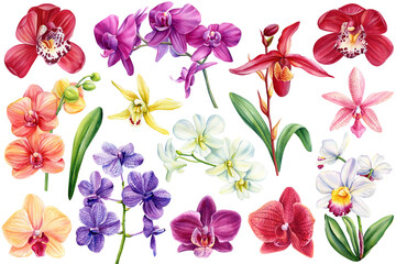 Orchids flowers set. Tropical plants, orchid flora watercolor illustration, botanical painting, hand drawing clipart - 678340717