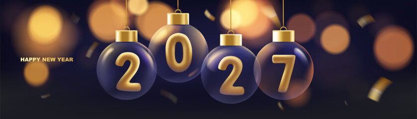 Happy new year 2027 background. Hanging transparent Christmas balls with golden numbers of 2027 year with shiny lights in background.
 - obrazy, fototapety, plakaty