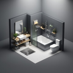conception d'une salle de bain moderne en vue 3D isométrique - fond gris	 - obrazy, fototapety, plakaty