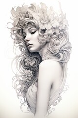 illustrazione donna capelli bianchi bionda eterea vestito bianco astratta disegno matita linee