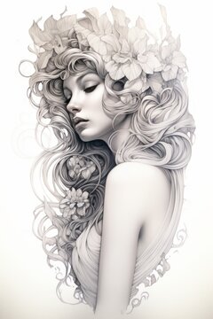 illustrazione donna capelli bianchi bionda eterea vestito bianco astratta disegno matita linee