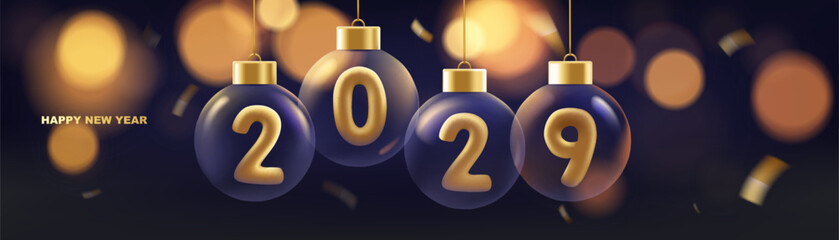 Happy new year 2029 background. Hanging transparent Christmas balls with golden numbers of 2029 year with shiny lights in background. - obrazy, fototapety, plakaty