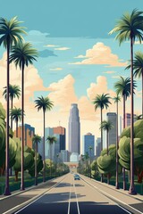 Viale con palme città americana flat design - obrazy, fototapety, plakaty