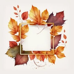 Naklejka na ściany i meble Square frame with autumn leaves watercolor painted isolated on white background. Theme of vintage minimal art design in geometric. Finest generative AI.