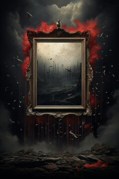 quadro distopico cornice dorata parete scura rovinata specchio sporco terra roccie nuvole fiamme