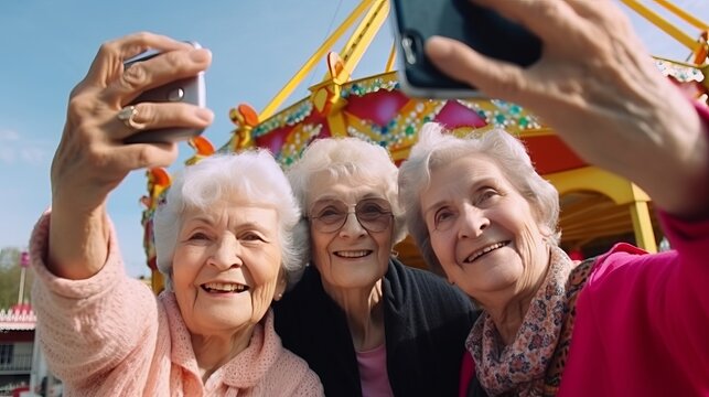 Group of happy grannies making selfie in amusement park.
