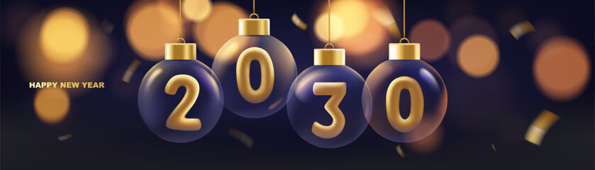 Happy new year 2030 background. Hanging transparent Christmas balls with golden numbers of 2030 year with shiny lights in background. - obrazy, fototapety, plakaty
