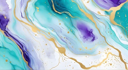 Mint, violet and turquoise liquid watercolor background with golden glitter brushstrokes and lines. colorful Background