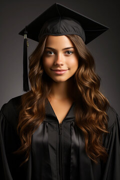 portrait of a young female graduate in full academic graduation or doctoral robe