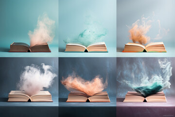 Colorful powder of paint explodes from the old books. Concept of imagination and creativity. - obrazy, fototapety, plakaty