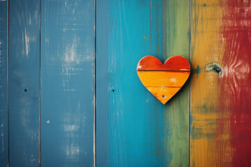 Shabby heart on colorful wooden fence. Retro, minimal, inspired by love and Valentine's Day.