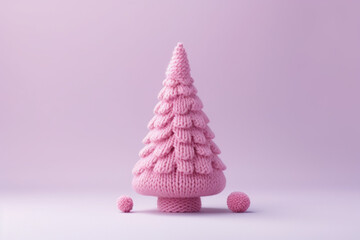 Knitted Christmas tree in pastel pink color. Creative copy space. Christmas and New Year, winter holidays greeting card.