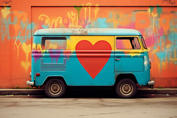 Obraz premium A vintage car with a heart. Retro, minimal, inspired by love and Valentine's Day.