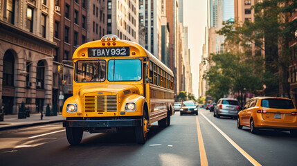 yellow school bus on the street - obrazy, fototapety, plakaty