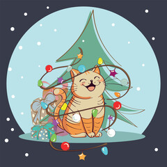 festive New Year's Christmas illustration of a cheerful cat and garlands vector illustration concept