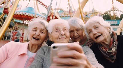 Fototapeta premium Group of happy grannies making selfie in amusement park.