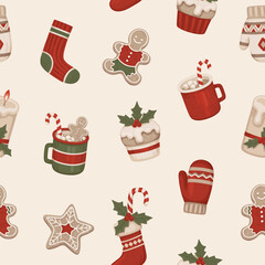 Christmas seamless pattern. Christmas decorations, dessers and drinks. Perfect for wrapping paper, packaging design, seasonal home textile, greeting cards and other printed goods