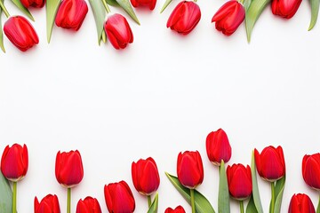 Vibrant Red Tulips Frame on White Background