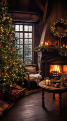Beautiful living room decorated for Christmas with a fireplace and Christmas tree.