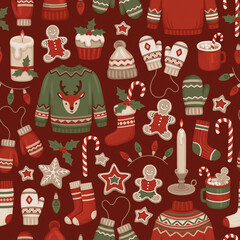 Seamless pattern with Christmas decorations, clothes, drinks and desserts. Hygge time. Perfect for wrapping paper, packaging design, seasonal home textile, greeting cards and other printed goods - 678342399