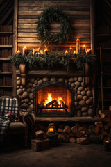 Interior of an old wooden house with fireplace and christmas wreath.