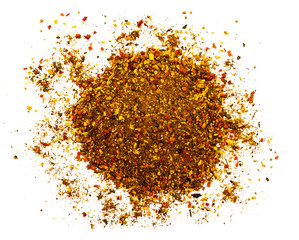 Pile of ground paprika isolated. View from above. Bunch of spices isolate. Powder. Spices. Pepper