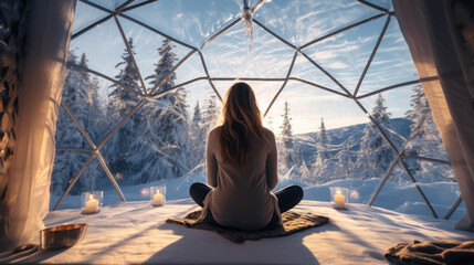 A woman sits in a geo dome glamping tent and meditates, does pranayamas, looks at the winter snow-covered nature.
