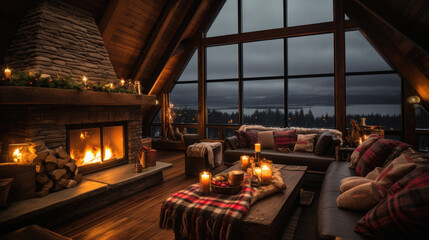 Cozy living room with fireplace, candles and plaids on the table. - obrazy, fototapety, plakaty