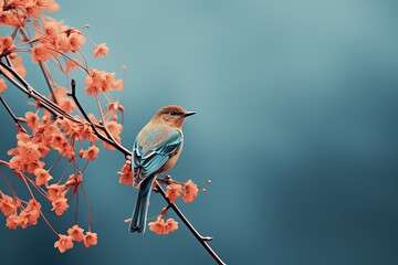 Simple and minimalist abstract multi-colored bird on a branch and flowers. Modern wallpaper. Generative AI, AI - obrazy, fototapety, plakaty