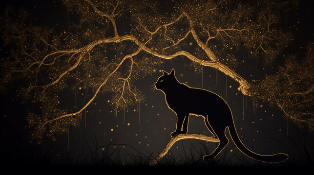 A black cat walks the branches of the trees. AI Generated