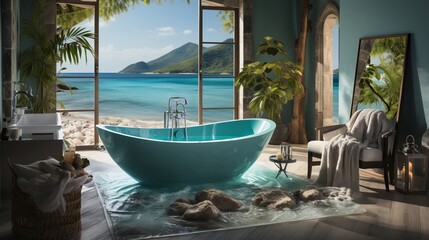 Fototapeta na wymiar Bathroom overlooking the tropical beach. A bright blue bathtub installed on a floor that imitates the seabed with stones and clear water. Concept: hygiene, relaxation 
