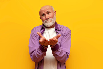 offended bald grandfather in purple shirt begs on yellow isolated background, sad old man pensioner...