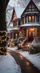 Beautiful winter view of a house decorated with Christmas lights and snow.